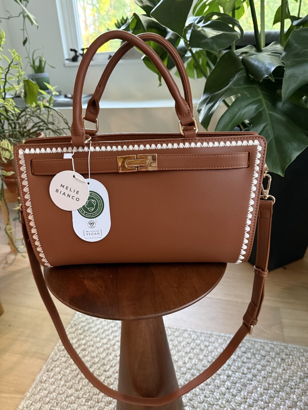 Melie Bianco Cognac Vegan Leather Satchel Top Handle Crossbody NWT